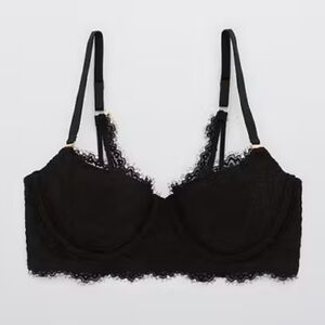 Aerie Real Power Balconette Lightly Lined Bra, Black Lace, Size 34DD